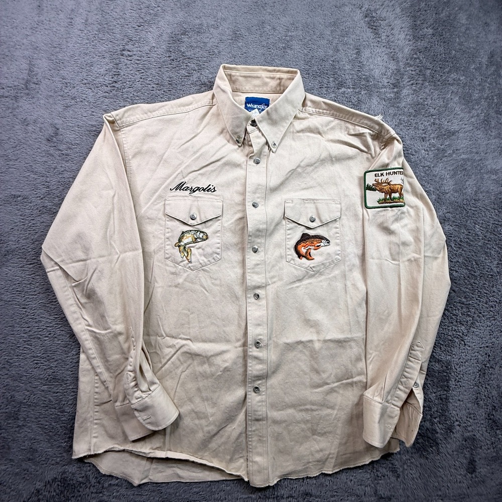 Vintage Wrangler Western Button Down Twill Shirt Fishing Patches Mens XL 17.5 36